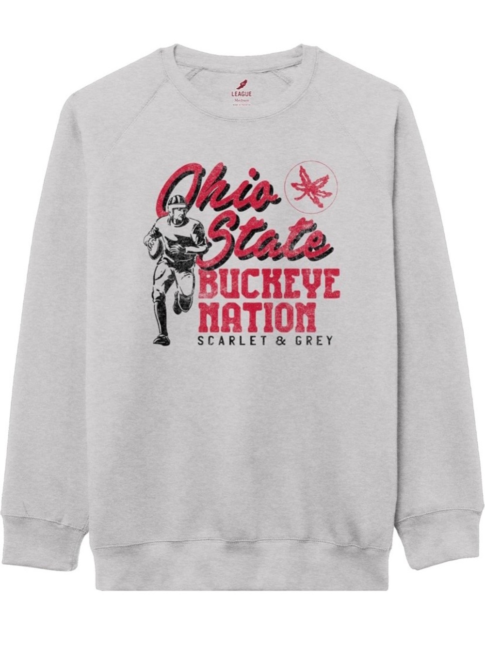 League Grey Crewneck Sweatshirt with Scarlet Ohio State Graphic